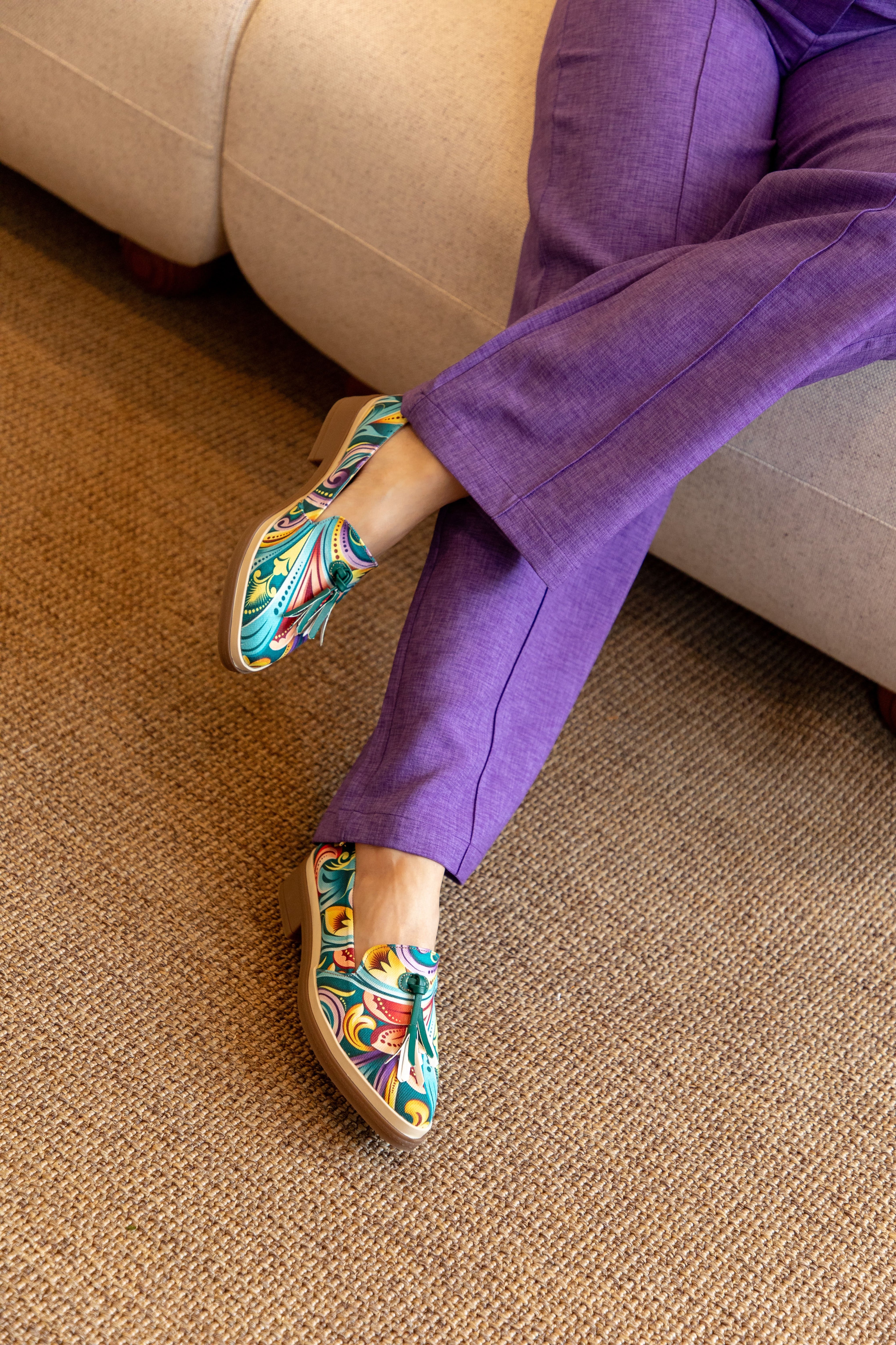 Mocasín Tipo Slipper con Pompones Tela Fidenza Verde Agua-Cabras