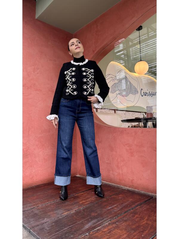 Blazer Bordado Black & White Negro-Liso