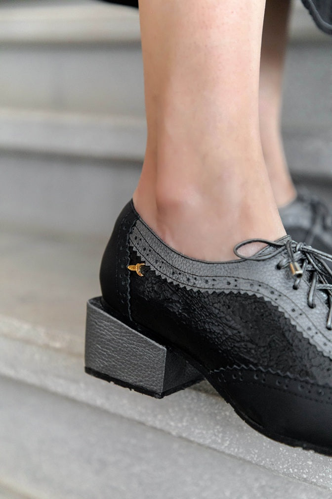 Oxford Black Square Heel-Plain