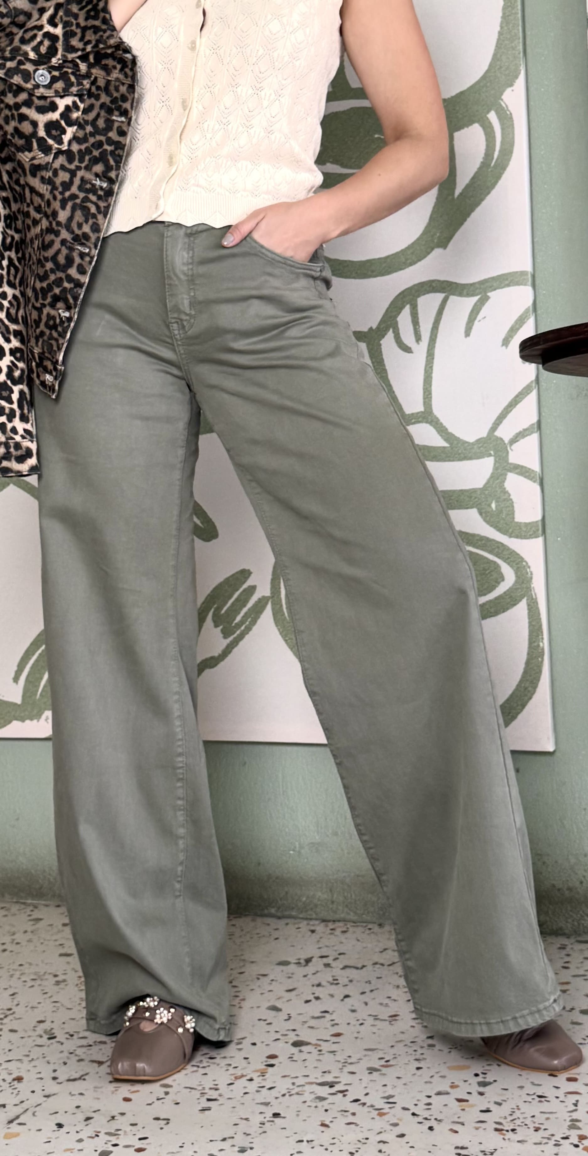 Pantalón Wide Leg Contemporaneo Verde-Olivo