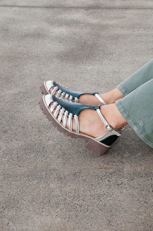 Sandalia Estilo Fisherman Metalico Malaquita
