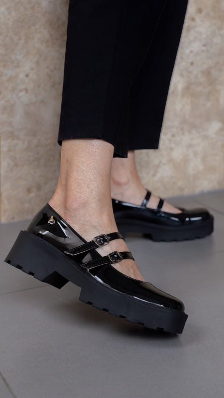Mary Jane Double Strap Punta Cuadrada Charol Negro