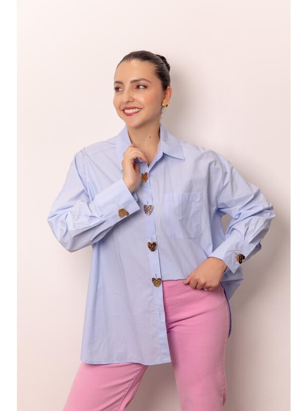 Camisa con Botones de Corazon Celeste