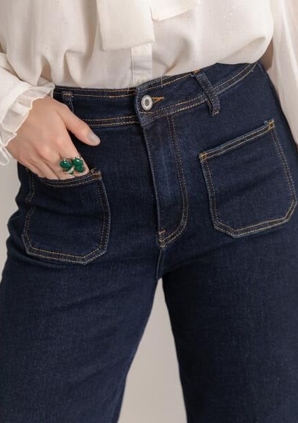 Blue-Denim Hem Detail Pants
