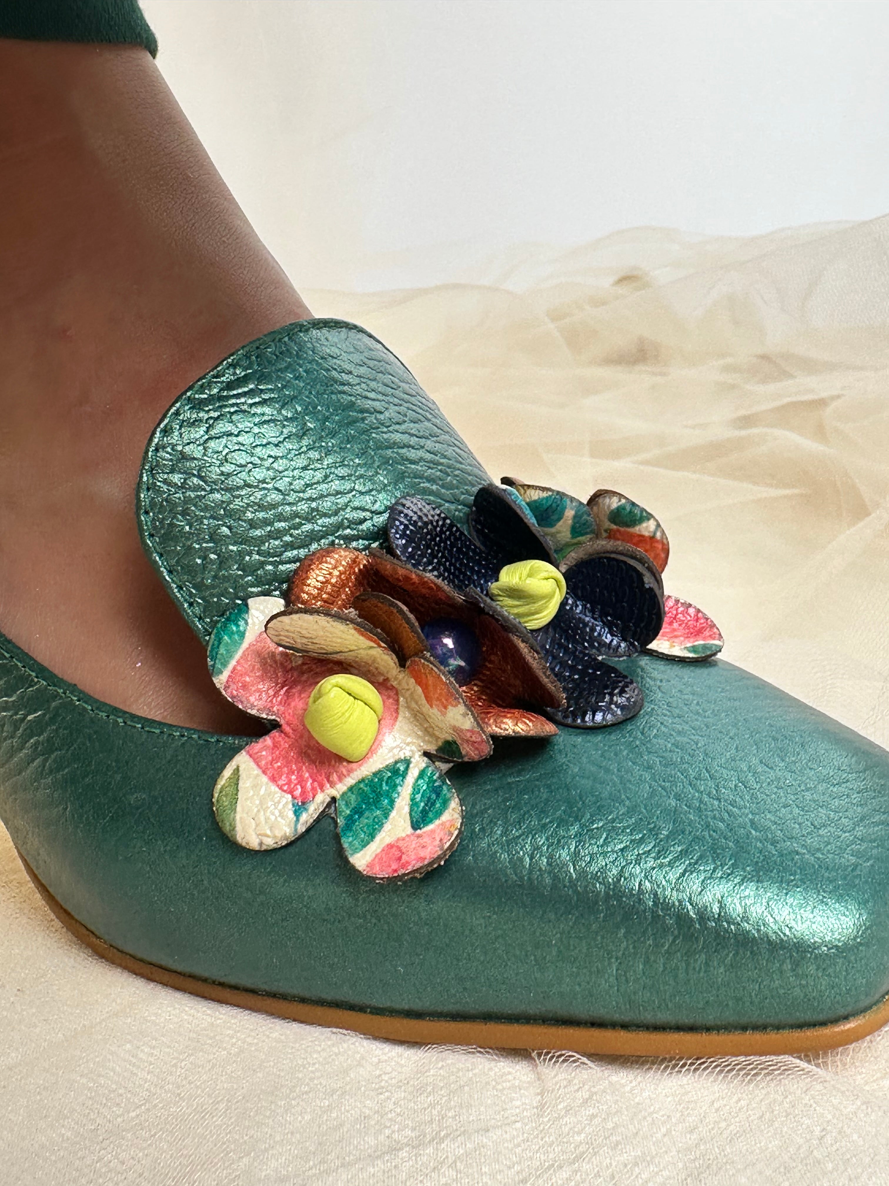 Green Leather Heel with Artisan Flowers