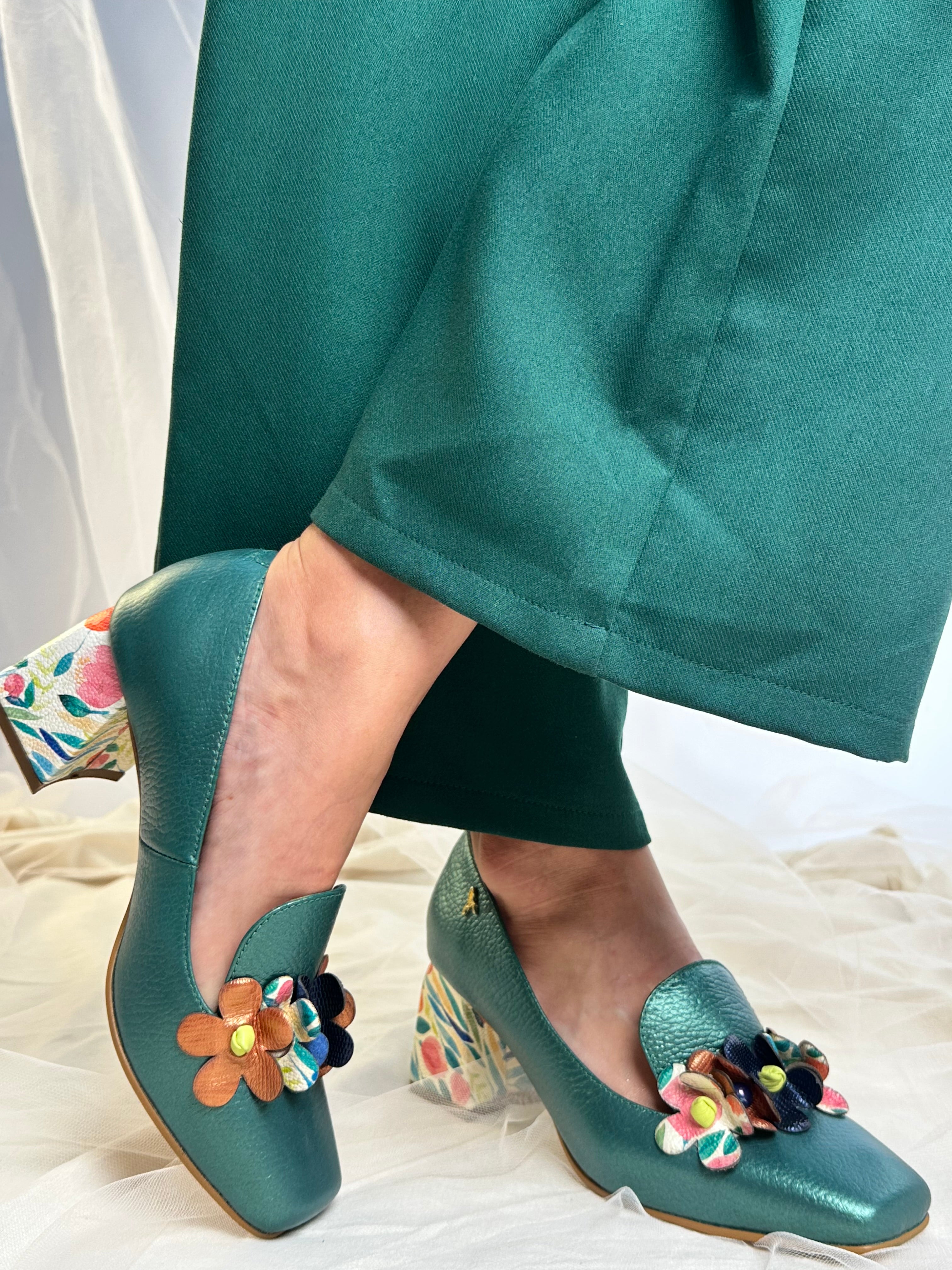 Green Leather Heel with Artisan Flowers