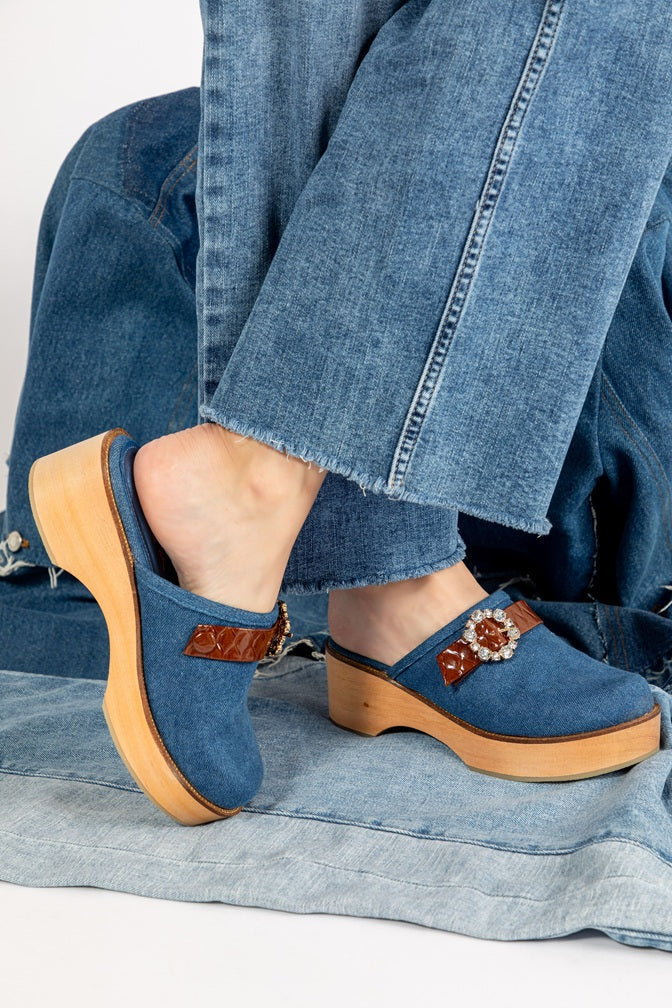 Medium-Height Swedish Clog with Blue-Denim Wooden Sole